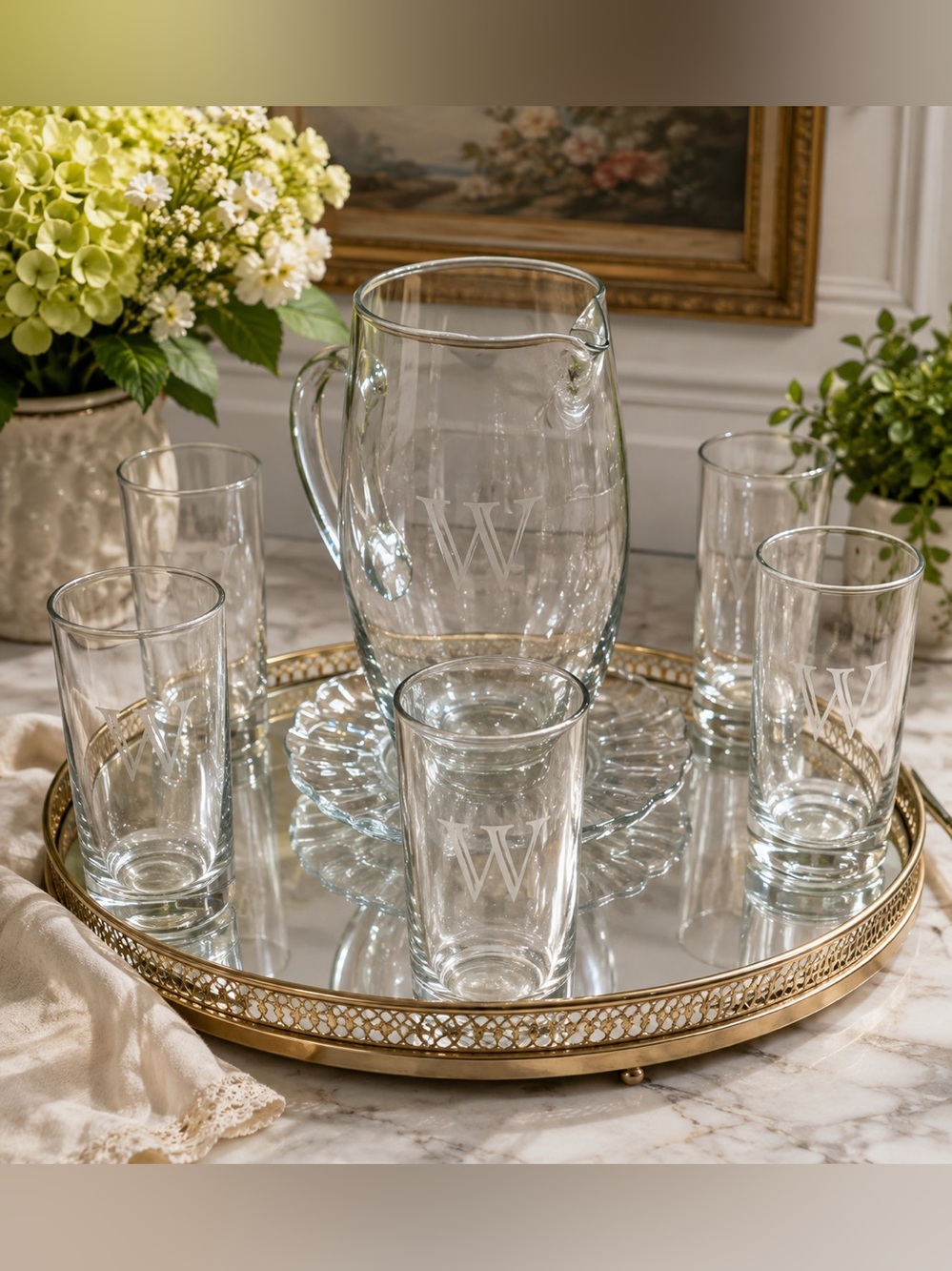 Elegant Clear Monogrammed With a W Glass Pitcher and 5-Glass Set With Plate.